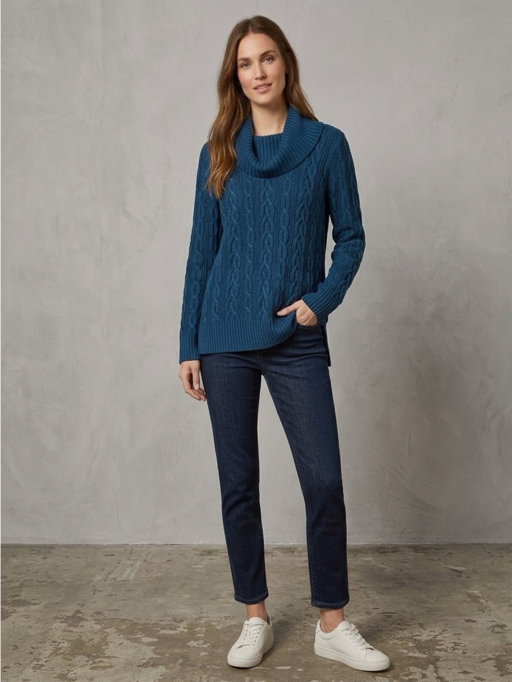 JEANNE PIERRE Teal Cable Cowl Neck Sweater